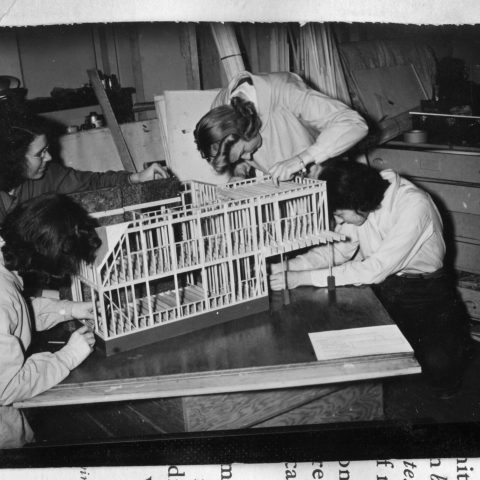 Robert Tilton Coolidge (1915-55) photographed women students making a model, perhaps at the Cambridge School of Architecture and Landscape Architecture (1916-42) in Cambridge, MA, where he was an assistant in 1941. 
Photo: Robert Tilton Coolige